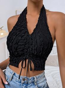 SHEIN Unity Top halter con cordón fruncido con textura - Negro - Ver 1