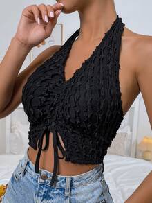 SHEIN Unity Top halter con cordón fruncido con textura - Negro - Ver 5