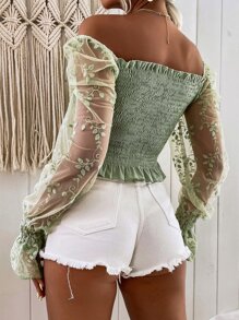 Chiquease Off Shoulder Embroidered Mesh Sleeve Drawstring Shirred Top - Mint Green - View 2