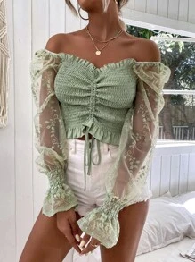 Chiquease Off Shoulder Embroidered Mesh Sleeve Drawstring Shirred Top - Mint Green - View 5