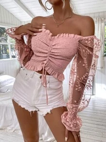 SHEIN VCAY 一字肩刺繡網紗袖抽繩打褶上衣 - 粉色 - 查看 1
