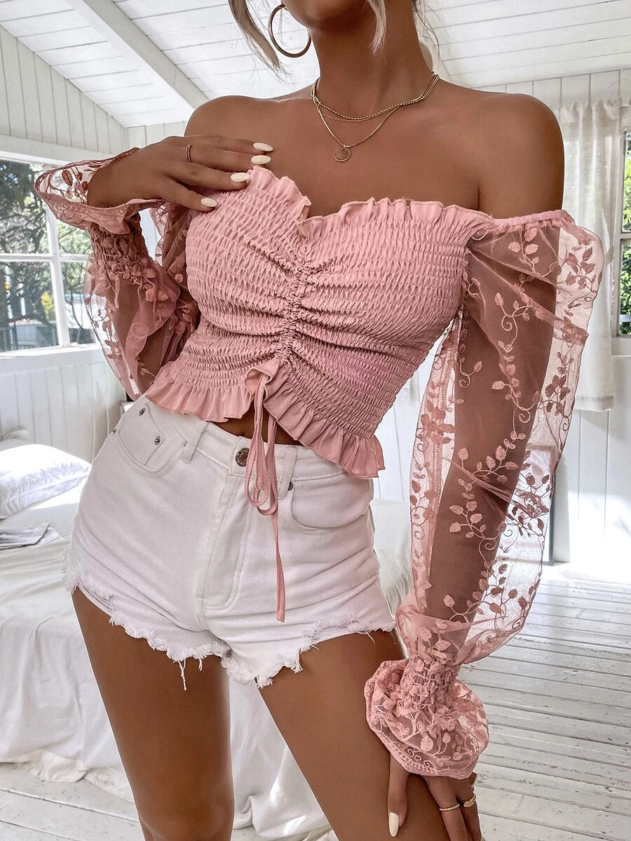 SHEIN VCAY 一字肩刺繡網紗袖抽繩打褶上衣 - 粉色 - 查看 1
