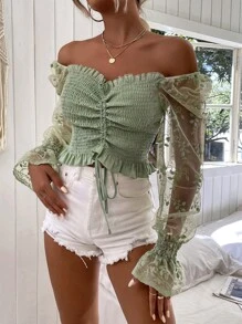 Chiquease Off Shoulder Embroidered Mesh Sleeve Drawstring Shirred Top - Mint Green - View 4