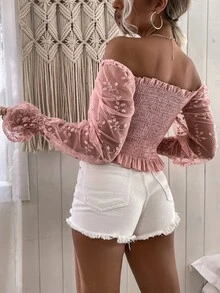 SHEIN VCAY 一字肩刺繡網紗袖抽繩打褶上衣 - 粉色 - 查看 2