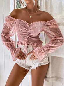 SHEIN VCAY 一字肩刺繡網紗袖抽繩打褶上衣 - 粉色 - 查看 6