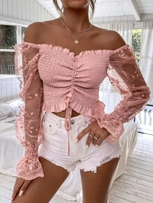 SHEIN VCAY 一字肩刺繡網紗袖抽繩打褶上衣 - 粉色 - 查看 7