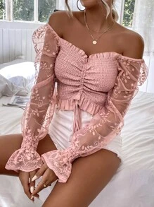 SHEIN VCAY 一字肩刺繡網紗袖抽繩打褶上衣 - 粉色 - 查看 3