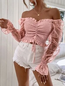 SHEIN VCAY 一字肩刺繡網紗袖抽繩打褶上衣 - 粉色 - 查看 4