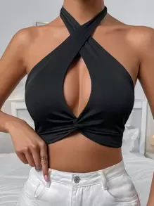 EMERY ROSE Cutout Twist Hem Tie Backless Halter Top, Going Out Top - Black - View 1