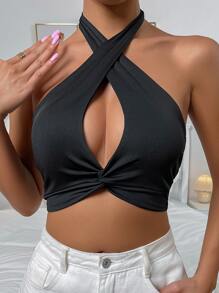 EMERY ROSE Cutout Twist Hem Tie Backless Halter Top, Going Out Top - Black - View 4