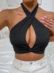EMERY ROSE Cutout Twist Hem Tie Backless Halter Top, Going Out Top - Black - View 7