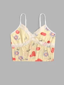 ROMWE Floral & Fruit Print Lace Trim Cami - Multicolor - View 4