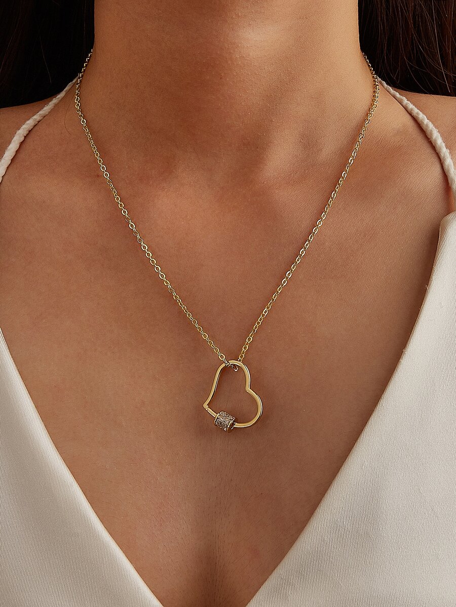 水鑽裝飾心形墜飾項鍊 - 金黃色 - 查看 1
