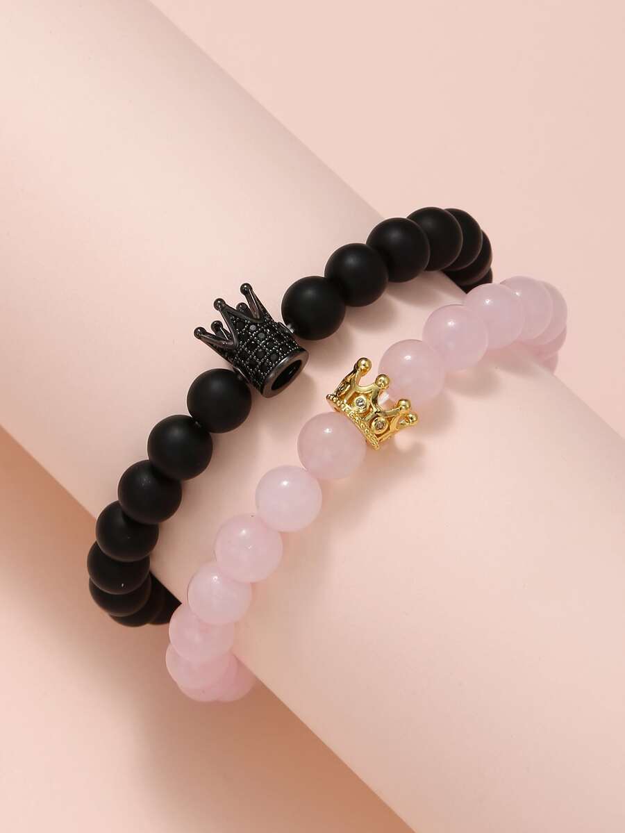 RINTOLER Fashionable and Popular 2pcs Men Crown Decor Beaded Bracelet for Jewelry Gift and for a Stylish Look - Multicolor - View 1