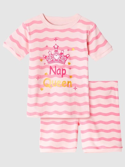 Tween Girl Crown & Letter Graphic Snug Fit PJ Set