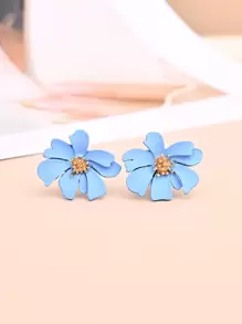 Flower Design Stud Earrings - Blue - View 1