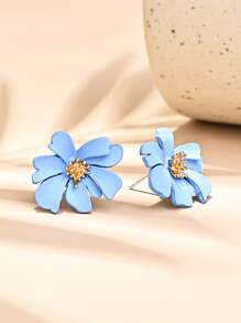 Flower Design Stud Earrings - Blue - View 3