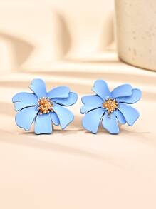 Flower Design Stud Earrings - Blue - View 4