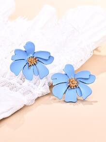 Flower Design Stud Earrings - Blue - View 6