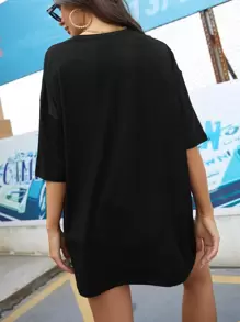 INAWLY Solid Drop Shoulder Oversized Tee - Black - View 2