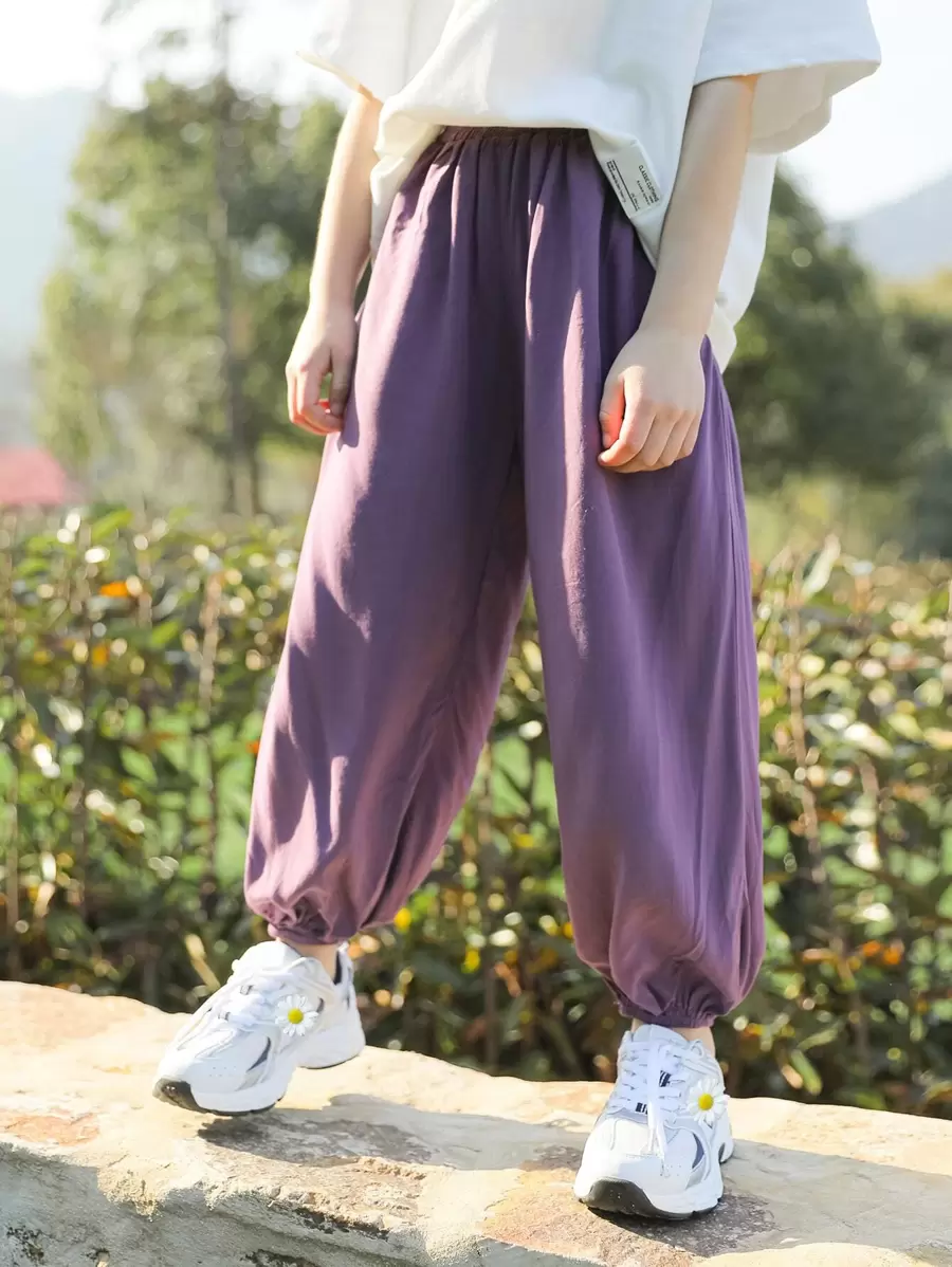 Girls Solid Slant Pockets Trousers - Purple - View 1