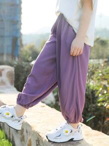 Girls Solid Slant Pockets Trousers - Purple - View 2