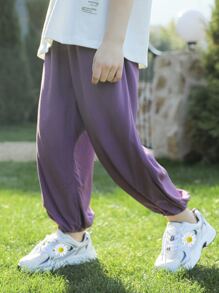 Girls Solid Slant Pockets Trousers - Purple - View 3