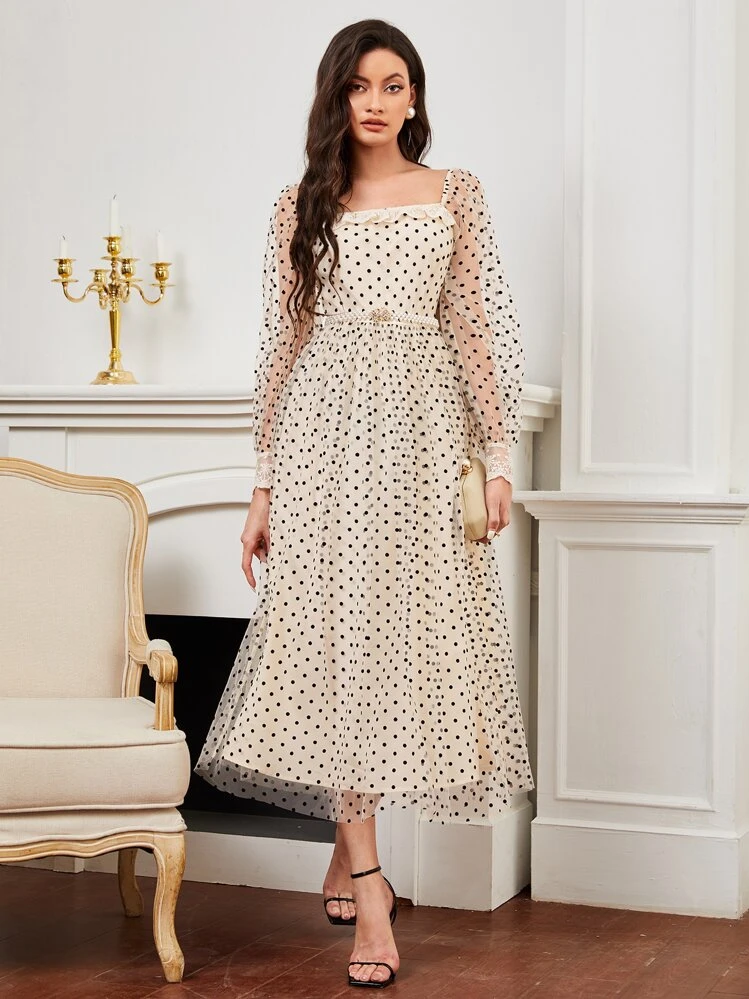 SHEIN Dobby Mesh Overlay Contrast Lace Dress Without Belt | SHEIN USA