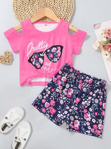 SHEIN Toddler Girls Letter Graphic Cold Shoulder Tee & Shorts - Multicolor - View 1
