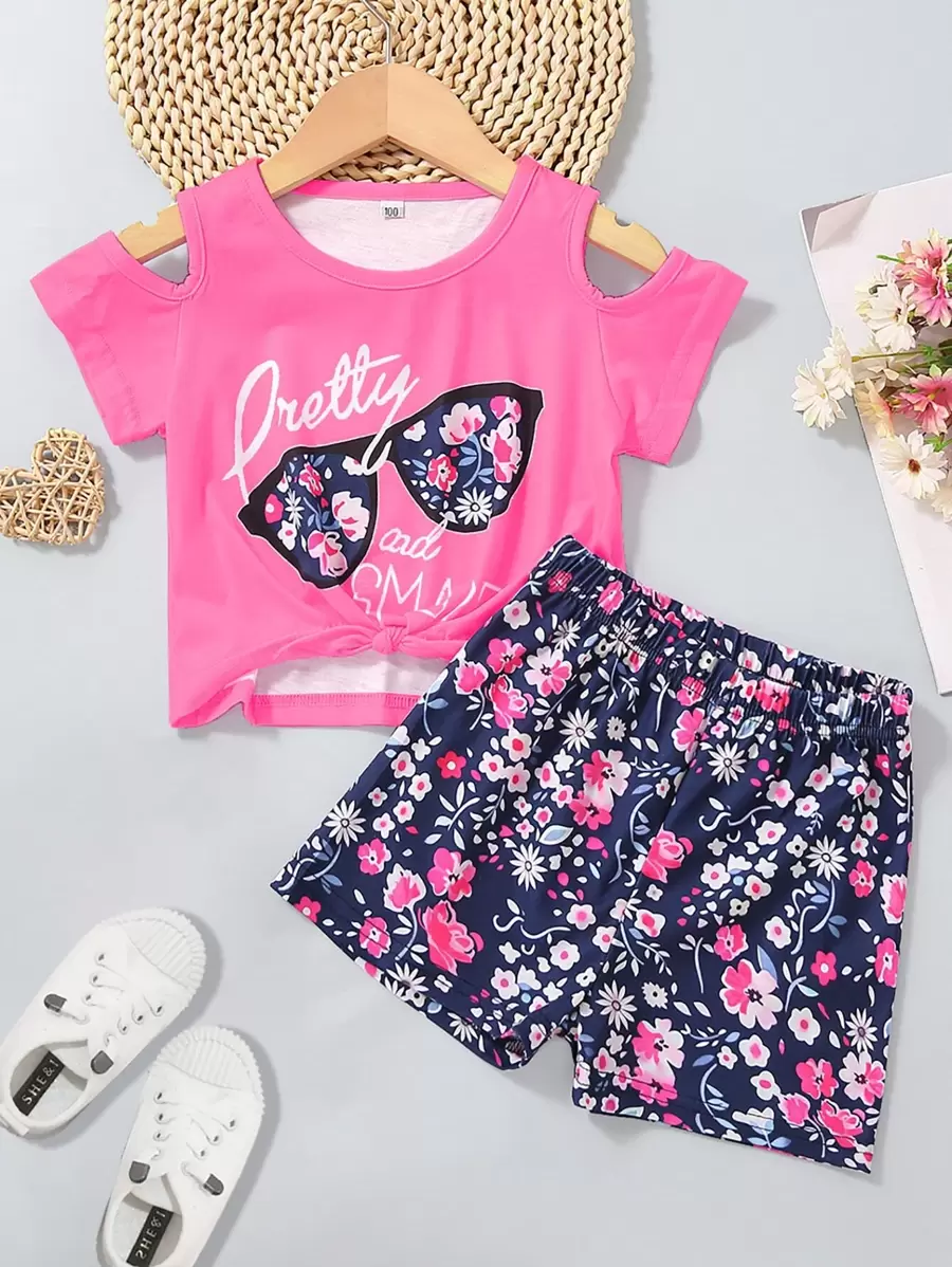 SHEIN Toddler Girls Letter Graphic Cold Shoulder Tee & Shorts - Multicolor - View 1