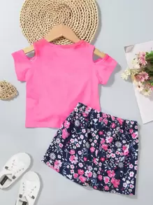 SHEIN Toddler Girls Letter Graphic Cold Shoulder Tee & Shorts - Multicolor - View 2