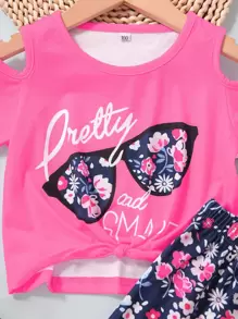 SHEIN Toddler Girls Letter Graphic Cold Shoulder Tee & Shorts - Multicolor - View 3