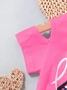 SHEIN Toddler Girls Letter Graphic Cold Shoulder Tee & Shorts - Multicolor - View 4