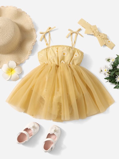 SHEIN Baby Daisy Print Tie Shoulder Mesh Overlay Bodysuit With Headband