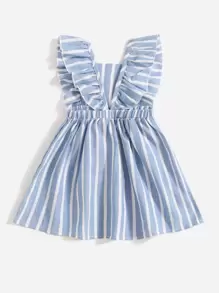 Vestido de bebé niña con mangas con volantes, lazo frontal y rayado vertical - Celeste - Ver 2