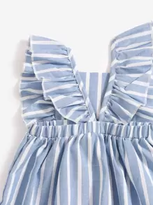 Vestido de bebé niña con mangas con volantes, lazo frontal y rayado vertical - Celeste - Ver 3