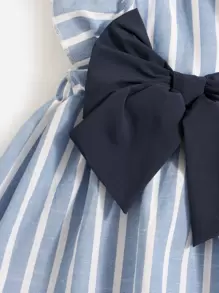 Vestido de bebé niña con mangas con volantes, lazo frontal y rayado vertical - Celeste - Ver 4