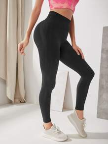 Yoga Basic 瑜伽褲襪無縫柔軟高彈力運動打底褲帶寬腰帶 - 黑色 - 查看 2