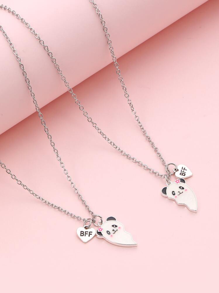 2pcs Girls Heart Charm Necklace - Multicolor - View 4