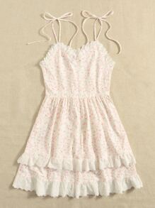 SHEIN Unity 大碼碎花網眼刺繡邊前繫帶洋裝 - 米色 - 查看 2