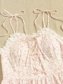 SHEIN Unity 大碼碎花網眼刺繡邊前繫帶洋裝 - 米色 - 查看 4