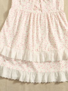 SHEIN Unity 大碼碎花網眼刺繡邊前繫帶洋裝 - 米色 - 查看 5
