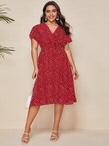 Mulvari Plus Polka Dot Belted A-line Dress - Red - View 1