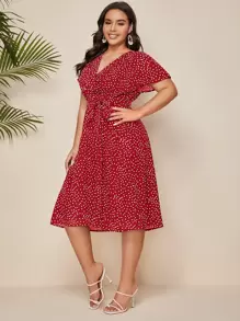 Mulvari Plus Polka Dot Belted A-line Dress - Red - View 4