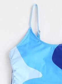 SHEIN Teen Girls Color Block Drawstring Side One Piece Swimsuit - Blue - View 3
