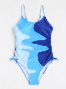 SHEIN Teen Girls Color Block Drawstring Side One Piece Swimsuit - Blue - View 4