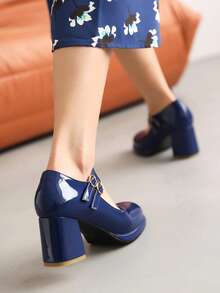 Tacones mary jane con doble hebilla con tacón grueso - Azul - Ver 2