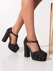 Plaid Pattern Ankle Strap Pumps