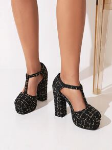 Plaid Pattern Ankle Strap Pumps