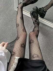 Heart Pattern Fishnet Tights - Black - View 1